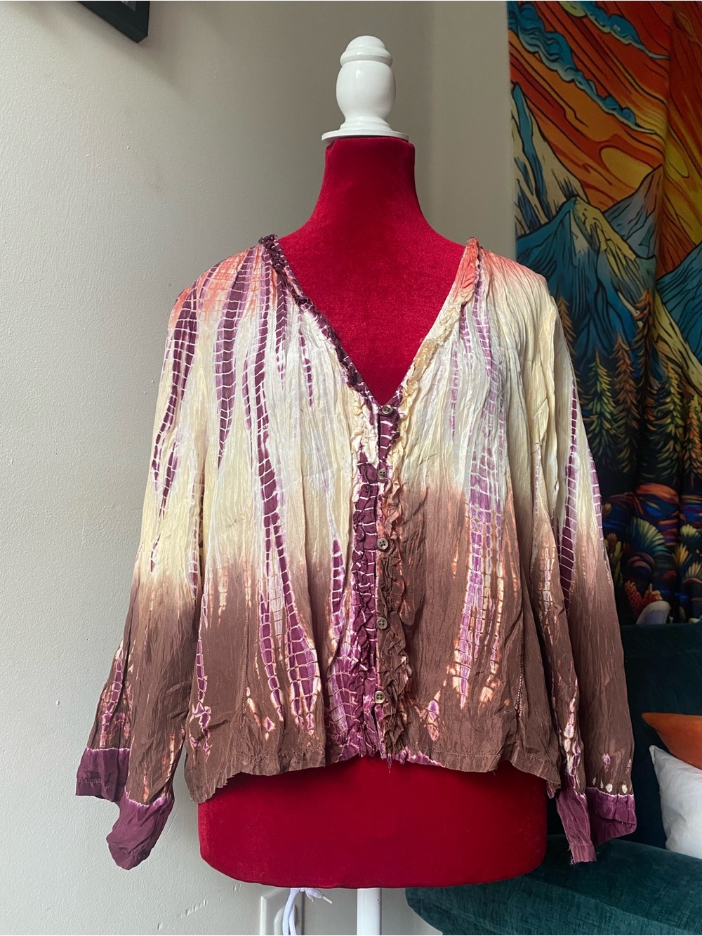 Y2K 100% Silk Ombre Button-Front Blouse in Cream and Mauve